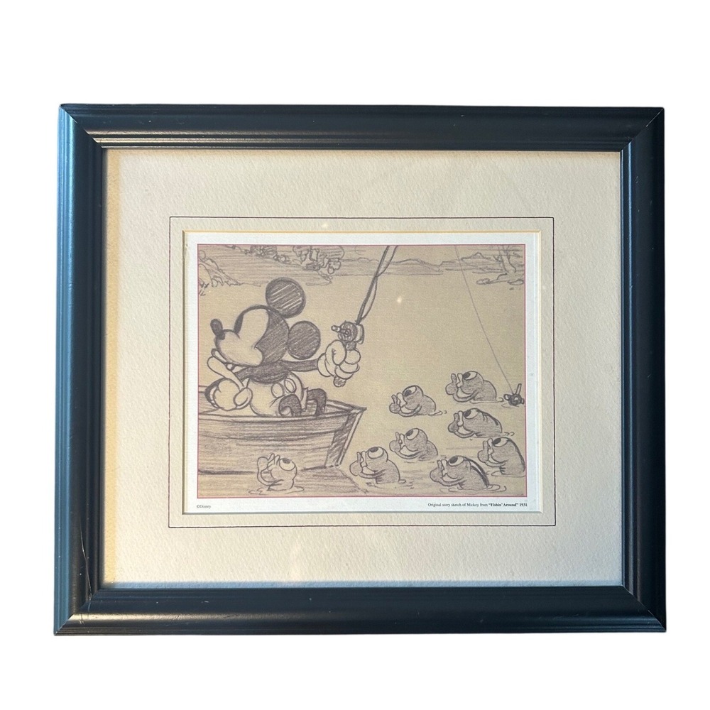 Disney Mickey Mouse Framed Art Print Fishin Around 1931 Black Sketch Disneyana